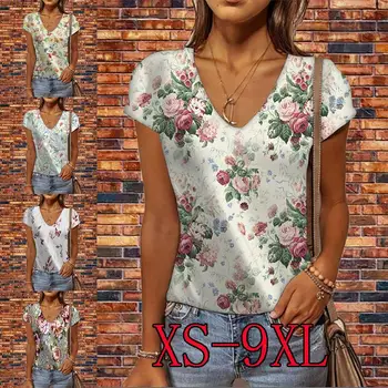 Kadın 2022 Moda Artı Boyutu Yeni Ekip Boyun Kazak Rahat Baskılı V Yaka kısa kollu t-shirt Gömlek XS-9XL