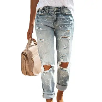 Kadın Moda Orta Bel Erkek Arkadaşı Büyük Yırtık Delik Kot Rahat Yüksek Sokak Kot Pantolon Seksi Vintage Kalem Calca Jean Streetwear