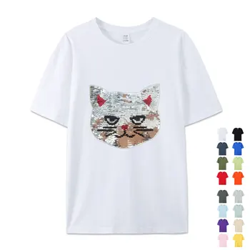 Kadın T-Shirt Komik Geri Dönüşümlü Payetli Kedi T Shirt Kadınlar için Yaz Saf Pamuk O-Boyun Gevşek T-Shirt Kızlar