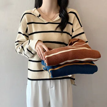 Kadın T-shirt Sonbahar Kış 2022 Üst Giyim Vintage y2k Kore Tarzı Estetik Çizgili Ofis Bayanlar Uzun Kollu Üst Streetwear