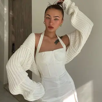Kadın Ultra kısa Kazak Hırka Bahar Sonbahar Uzun Kollu Gevşek Örme Kırpma Üstleri Düz Renk Seksi Kazak Tops