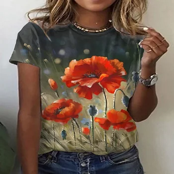 Kadın Yeni Çiçek Kısa Kollu Açık Streetwear Yaz kadın Polyester Kumaş Ekip Boyun Üst Sanat Grafik T Shirt