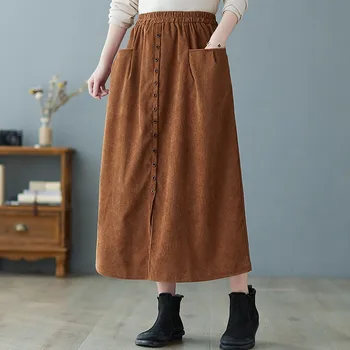 Kadınlar Casual Uzun Etek Yeni 2021 Sonbahar Vintage Stil Düz Renk Kadife Elastik Bel Gevşek Bayanlar A-line Etekler B1482
