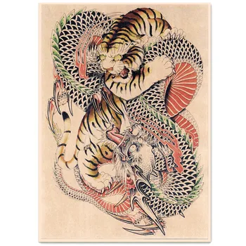 Kaplan vs Ejderha Ukiyo-e Dövme Sanatı Resimleri Vintage Kraft kağıt afiş Posterler ve Baskılar Ev Dekor Boyama Odası Duvar Sticker