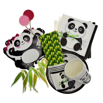 Karikatür Panda Doğum Günü Partisi Süslemeleri Tek Kullanımlık Sofra Setleri tabak bardak kağıt havlu saman Bebek Duş Parti Balon İyilik