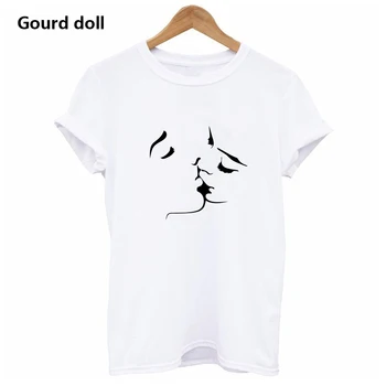 Komik Öpücük Yan yüz Baskı desen T-shirt Kadın pamuklu T Shirt Kadın Üstleri Rahat Tee Gömlek Femme Kadın sevgilisi Giyim
