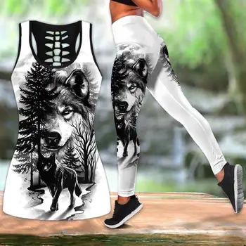 Kurt Baskılı Legging + Hollow Tank Yaz Yelek Kadınlar için Yoga Tankı Üstleri Tayt Pijama Seti spor takımları