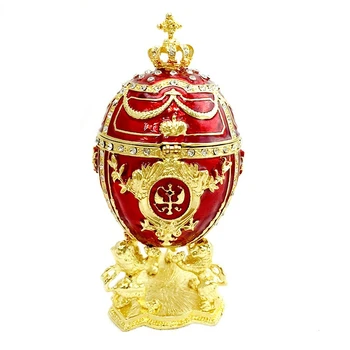 Kırmızı Altın Taç Faberge Yumurta Serisi El Boyalı Takı Biblo Kutusu Benzersiz Hediye Paskalya Ev Dekor Koleksiyon