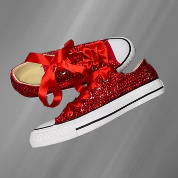 Kırmızı Düşük Kesim yapay elmaslı kurdele kanvas ayakkabılar Rahat Yürüyüş Sneakers El Yapımı Taklidi vulkanize ayakkabı 35-46