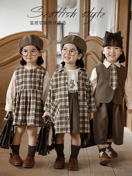 Kızlar Retro ingiliz ekose bahar kolej tarzı elbise basit gömlek tulum Pilili etek takım elbise