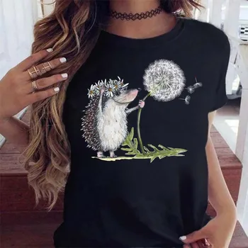 Maycaur Sevimli T-shirt Kadın Kirpi Karahindiba baskı t-shirt Yaz Rahat Kısa Kollu Tee Tops Kawaii Kadın Tshirt Streetwear