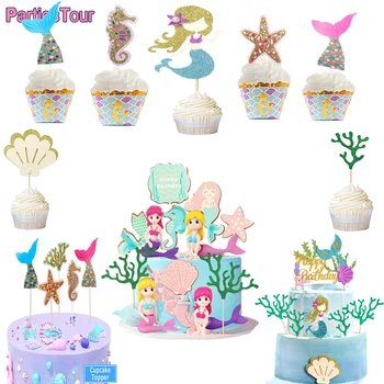Mermaid Parti Süslemeleri Mutlu Doğum Günü Pastası Topper Cupcake Toppers Bebek duş Kız Çocuklar İyilik Mermaid Parti Tema Malzemeleri