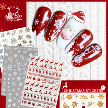 Merry Christmas 3D Nail Art Çıkartmaları Tırnak Sticker Manikür Kırmızı Lazer Altın Gümüş Beyaz Elk Kar tırnak etiketi Tasarım Dekorasyon