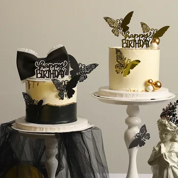 Mutlu Doğum Günü Pastası Topper Lüks Siyah Altın Kelebek Büyük Yay Doğum Günü Dekorasyon sevgililer Günü Partisi Pişirme Parti Iyilik