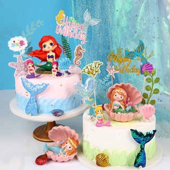 Okyanus Mermaid Kek Toppers Tarak Yosun Denizatı Denizyıldızı Kek Dekor 1st Doğum Günü Dekor Mutlu Doğum Günü Partisi Dekoru Çocuk Kız