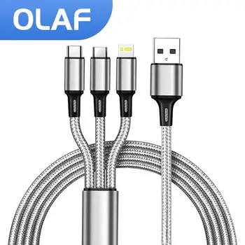 OLAF 3 in 1 USB C Tipi Kablo Mikro USB Çoklu Usb Portu iPhone 13 12 Xiaomi Huawei 3A Renkli Cep Telefonu Naylon Örgü Kordon