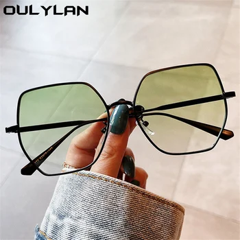 Ouylan Poligon Metal Güneş Gözlüğü Kadın Erkek Moda Büyük Boy güneş gözlüğü Bayan Marka Tasarımcısı Degrade Yeşil Gözlük UV400