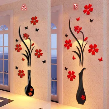 Plastik 3D Duvar Sticker DIY Vazo Çiçek Çıkartması Ev Oturma Odası Dekorasyon