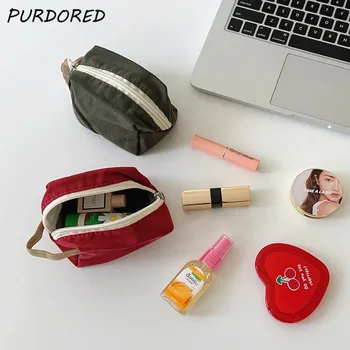 PURDORED 1 Adet Düz Renk Kadın Makyaj Çantası Seyahat Tuval Kozmetik Çantası Kişiselleştirilmiş Makyaj çanta düzenleyici Çanta Bolsa Feminina