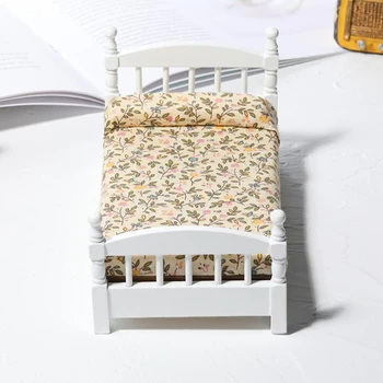 Retro 1: 12 Evcilik Minyatür Beyaz Oyuncak Yatak Pastoral Tarzı Çiçek Tek Kişilik Yatak Mobilya Bebek Evi yatak odası dekoru Aksesuarları