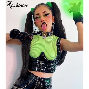 Rockmore Gotik Parlak Deri Korse Kadın Punk Tarzı Kırpma Üstleri Kemer Tokası Korse Yıpratır Bustiers Streetwear Tank Top Goth