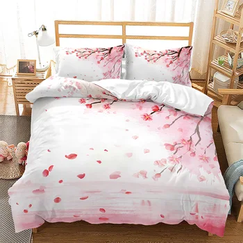 Romantik Çiçek Yorgan yatak örtüsü seti Kral Kraliçe Pembe Kiraz Çiçekleri Gençler Kız Kadınlar için Bahar Güzel Bahçe polyester yatak seti