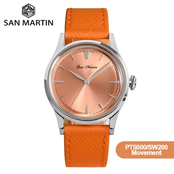 San Martin etmesi Hiç Somon Kadran Erkek İş PT5000 Otomatik Hareket tutuşunu Deri Kayış Mekanik Saatler İzle