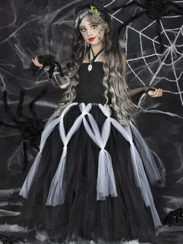 Siyah Kızlar Kolsuz Cadılar Bayramı Hayalet Cadı kostüm Çocuklar Tutu Önlük Örgü Eldiven Çocuk Vampir Karnaval Parti Elbise