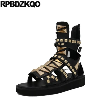 Siyah Lüks Hakiki Deri Çizmeler Perçin Ayakkabı Metal Boyutu 45 Tasarımcı Erkek Gladyatör Sandalet Yaz Platformu 2022 Damızlık Büyük Roma