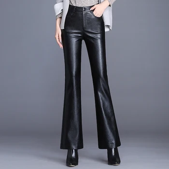 Sonbahar Deri Pantolon Kadınlar İçin Yüksek Bel Streç Skinny Flare Pantolon Siyah İnce Kış Pantolon Rahat Pu Tayt P9452