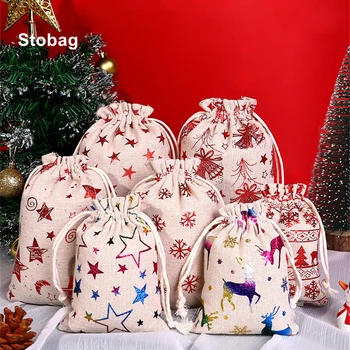 StoBag 5 pcs Evlenmek noel hediyesi Çanta Paket Küçük Keten pamuk büzme ipi Cep Şeker Takı çanta ambalajı Iyilik Yeni Yıl