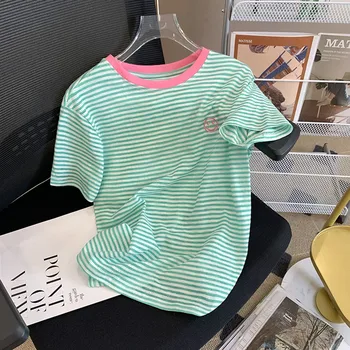 T-shirt Kadın Giyim İnce Yaz Üstleri Çizgili Casual Bayanlar Tişörtleri Kısa Kollu Nakış Tee Kore Moda 2022
