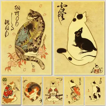 Vintage Japon samuray kedi dövme kedi retro posterler kraft duvar kağıdı Yüksek Kaliteli Boyama Ev Dekor duvar çıkartmaları