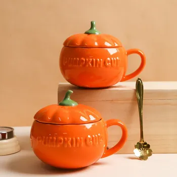 Yaratıcı Seramik Kupalar Kapaklı El Yapımı Kahve Fincanları Kabak Şekilli Çay Süt Kahvaltı Kupa Yulaf Ezmesi Yoğurt Fincan Benzersiz Yenilik Hediye