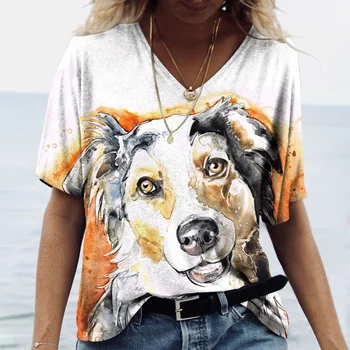 Yaz kadın Tişörtleri Soyut Köpek Baskı T-shirt Kadın Golden Retriever V Yaka Kısa kollu Moda Sokak kadın giyim
