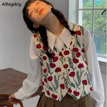 Yelekler Kadın Bahar Tüm Maç Ulzzang Ince Çiçek Tasarım Eğlence Kırpılmış Dış Giyim Kawaii Chic V Yaka Kadın Giyim Günlük Güzel