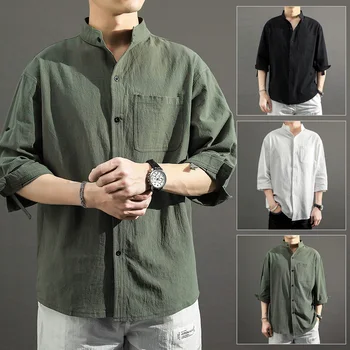 Yeni Yüksek Kaliteli Çin Üst Gömlek Erkekler için Yarım Kollu Düz Renk Gömlek Giyim Standı Yaka Gevşek Gömlek Kısa Kollu Gömlek 5Xl
