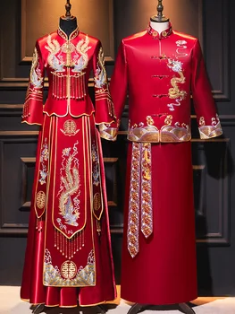 Çin Tarzı Çift Cheongsam Geleneksel Phoenix Nakış Qipao Oryantal düğün elbisesi Robe Vestido Boyutu S-2XL